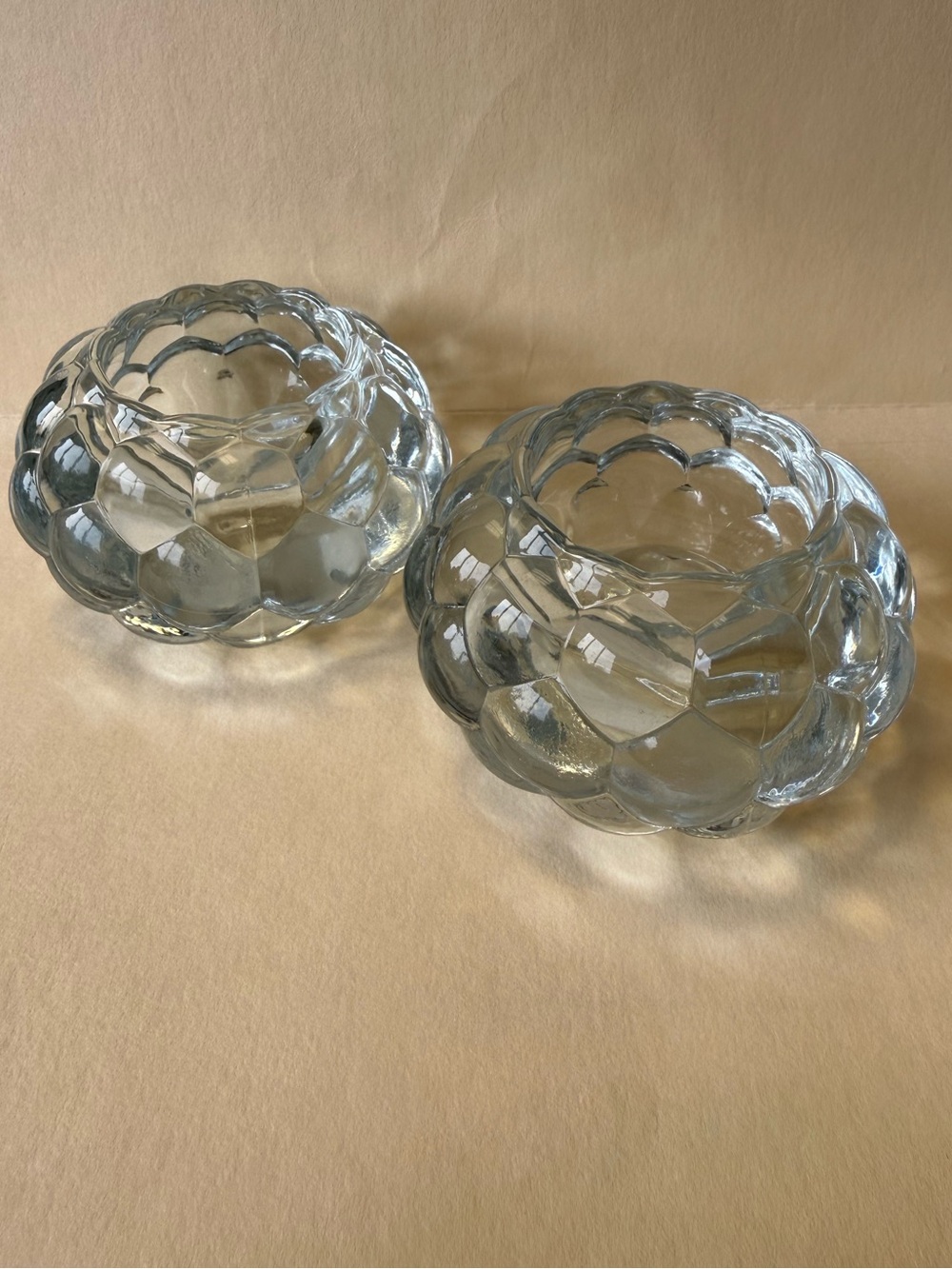 2 Vintage KIG Indonesian Heavy Glass Votive Candle Holders Raspberry Design.